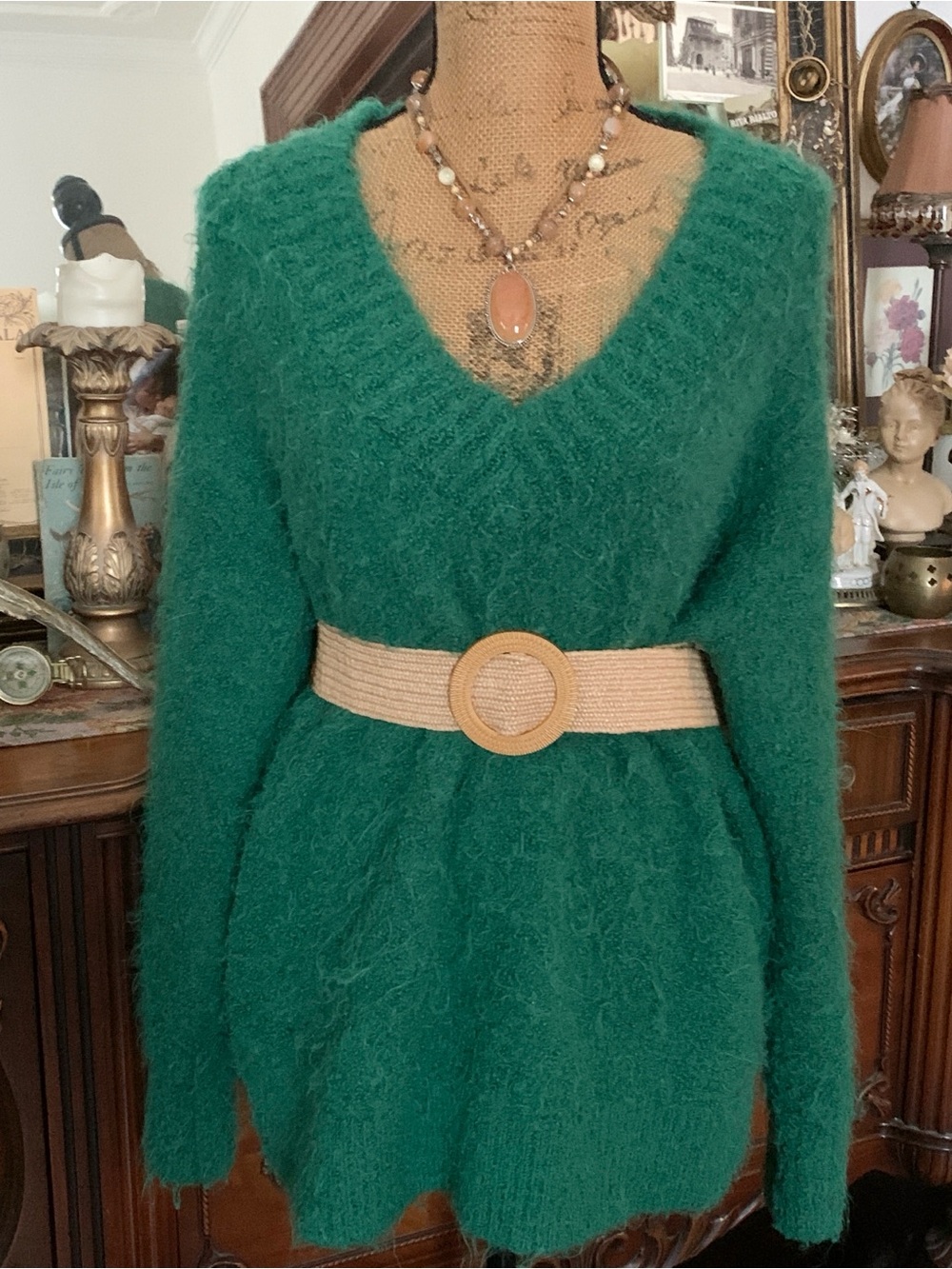 Vintage Soft Fresh Green Fuzzy Boho Wool Polyester Mix Comfy Sweater